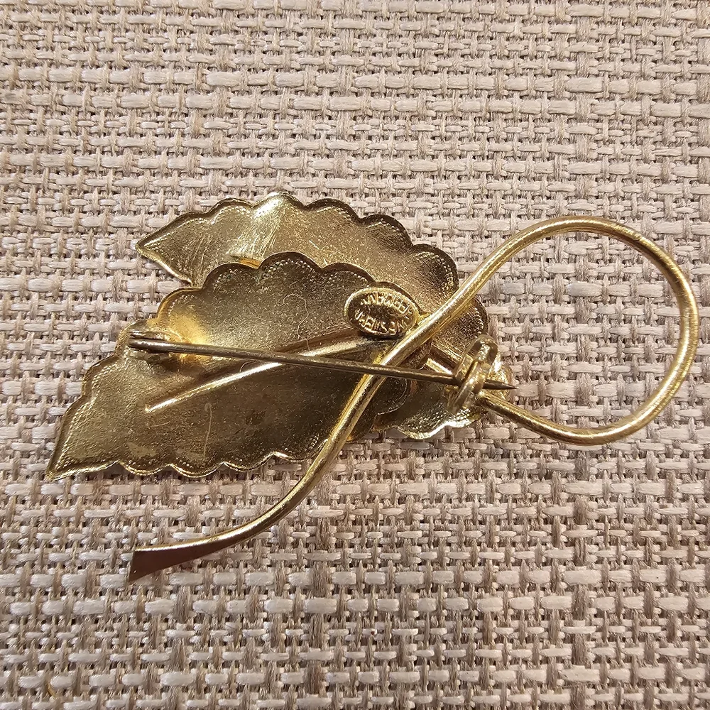 Vintage West Germany Mid Century goldtone leaf brooch w/ Aurora Borealis Stones